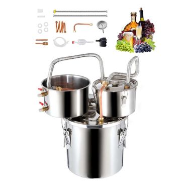 Alkoholio distiliavimo aparatas, 3 galonų (11,4 L), nerūdijančio plieno, su varine spirale, sidabro spalvos