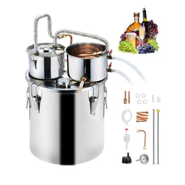 Alkoholio distiliavimo aparatas, 30 L, nerūdijančio plieno, su varine spirale ir dvigubu kondensatoriumi, sidabro spalvos