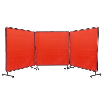 Raudonas suvirinimo tinklelis su rėmu, 1,8x1,8 m, 3 panelių, ugniai atsparus vinilo, ant 12 ratukų