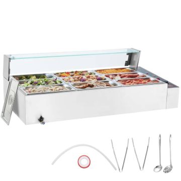 Komercinis elektrinis maisto šildytuvas, 1500 W, nerūdijančio plieno, su stiklu, 9 indų