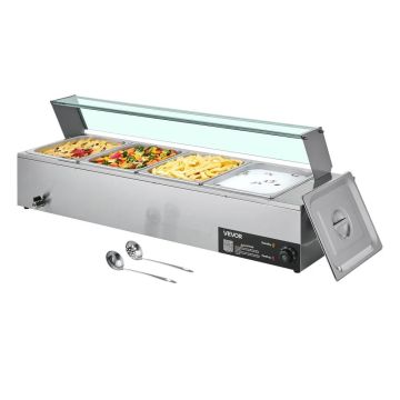 Komercinis elektrinis maisto šildytuvas, 1500 W, nerūdijančio plieno, su stikliniu dangčiu, 4 indų
