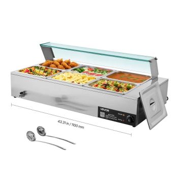 Komercinis elektrinis nerūdijančio plieno maisto šildytuvas, 1500 W, 6 x 1/2 puodų, su stikliniu dangčiu