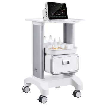 2 pakopų baltas laboratorinis vežimėlis su stalčiumi ir padėklu, mobilus, ABS