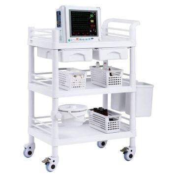 Laboratorinis vežimėlis su 3 pakopomis, baltas, mobilus, PP medžiaga