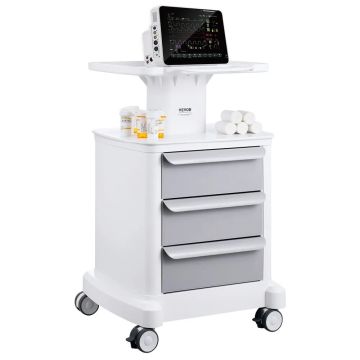 4 pakopų laboratorinis vežimėlis su 3 stalčiais ir viršutiniu padėklu, baltas, mobilus, ABS