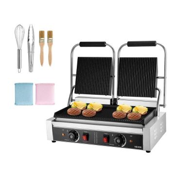 Komercinė elektrinė panini kepsninė, 3600W, nerūdijančio plieno, dvigubas presas, 48x23 cm emaliuota plokštė