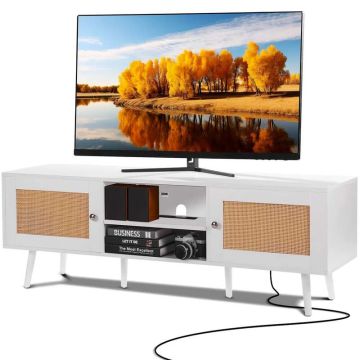 Rotango televizoriaus staliukas 65" TV, baltas, su USB lizdu