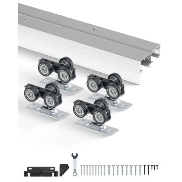 Aliuminio lydinio 5 pėdų sunkiųjų stumdomų durų furnitūros komplektas, 2 durų sistemai, durų storis 1 3/8"-1 3/4"