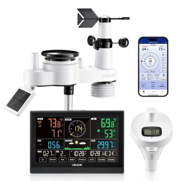 Wi-fi 7 viename meteorologinė stotelė su jutikliais, 190,5 mm ekranas, saulės energija, lauko ir baseino termometras