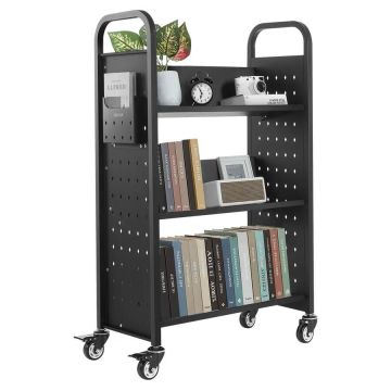 Передвижная книжная тележка для библиотеки, 150 кг, черная, 77x38x122 см.