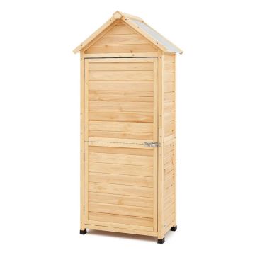 Didelis medinis lauko sandėliukas su lentynomis ir spyna, 28x63 colių