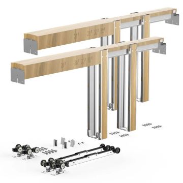 Kišeninių durų staktos komplektas 1219–1829 mm pločio, 2032 mm aukščio, mediena ir cinkuotas plienas, su švelnaus uždarymo mechanizmu