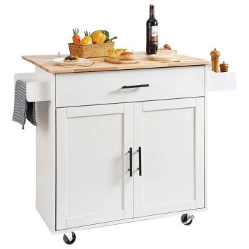 Virtuvės salos vežimėlis su masyvu, 90 cm, baltas, mobilus