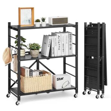 3 pakopų sulankstoma metalinė lentyna, 30x13x36 colių, su ratukais ir kabliukais, juoda