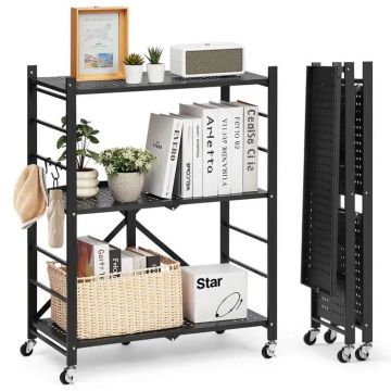 Sulankstoma metalinė 3 pakopų lentyna su ratukais ir kabliukais, juoda, 28x13x36 colių