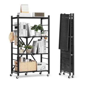 Sulankstoma 4 pakopų metalinė sandėliavimo lentyna, 26x13x46 colių, su ratukais ir kabliukais, juoda