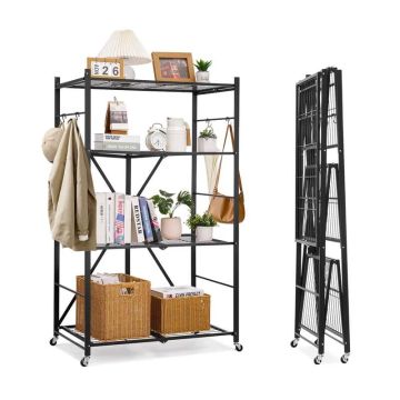 Sulankstoma 4 pakopų metalinė lentyna su ratukais ir kabliukais, 36x21x60 colių, juoda