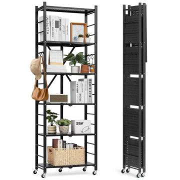 6 pakopų sulankstoma metalinė sandėliavimo lentyna, 24x12x72 colių, juoda, su ratukais ir kabliukais