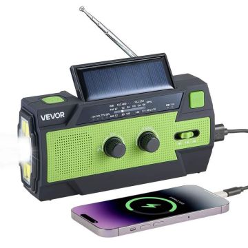 Avarinis saulės energija varomas radijas su 4000 mah baterija, USB, SOS ir žibintuvėliu