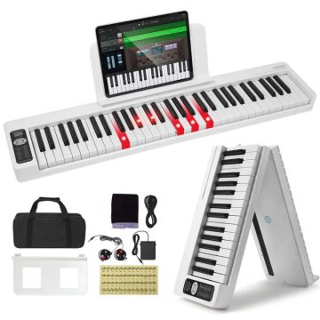 61 klavišų sulankstomas elektroninis skaitmeninis pianinas, baltas, bluetooth, MIDI