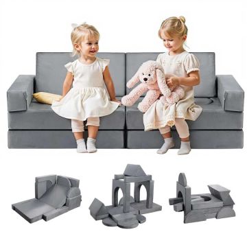 Modulinė vaikiška sofa, 14 dalių, pilka, transformuojama, su porankiais