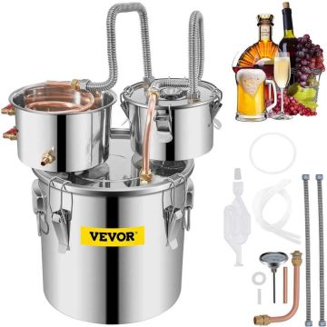Moonshine distiliavimo aparatas, 12 L, nerūdijantis plienas, varinis vamzdelis, su cirkuliaciniu siurbliu ir termometru