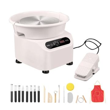 Keraminis formavimo ratas, 10 colių, 350W, su LCD ekranu ir pedalu, baltas