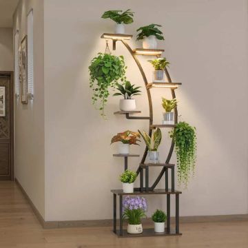 Augalų stovas su lemputėmis, 160 cm, 9 pakopų metalinis kampinis
