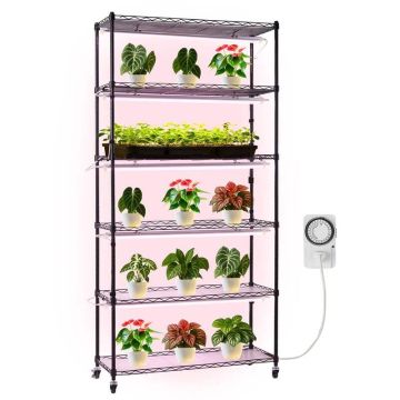 6 pakopų metalinė augalų lentyna su 150W visos spetros lempa, 180 cm, su ratukais ir laikmačiu