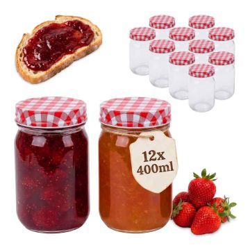 Užsukamų stiklainių rinkinys Relaxdays, 12 vnt. po 400 ml, Raudona/balta, Ø 7,5 × 12,5 cm