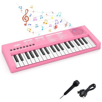 Vaikiška elektrinė pianino klaviatūra, 37 klavišai, Rožinė, 40,5 × 15 × 3,5 cm