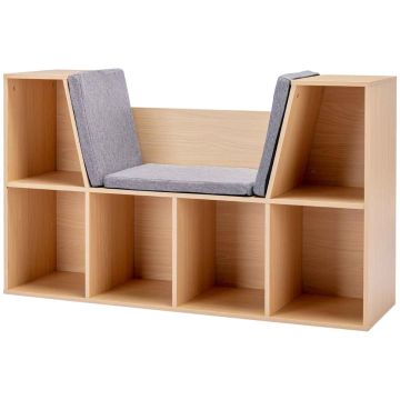 Детский стеллаж со скамьёй, 6 отделений, Серый/натуральный, 103 × 62 × 30 см