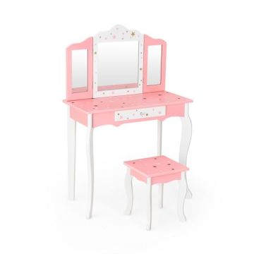 Children's dressing table with triple mirror and stool, pink/white