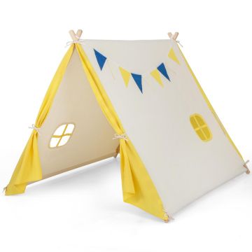 Children's play tent with wooden structure, yellow