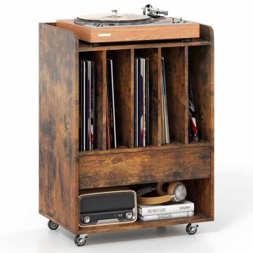 Vinyl record stand, 5 compartments and drawer, Brown and white, 52 × 73 × 35.5 cm