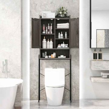 Bathroom cabinet mounted above the toilet, 2 doors, 3 shelves, Gray, 63.5 × 29.21 × 170.18 cm