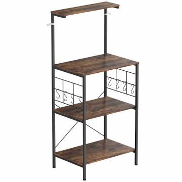 Kitchen shelf, 4 tiers, 8 hooks, brown/black, 60 × 134.5 × 42 cm
