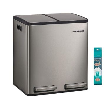 Virtuvės šiukšliadėžė SONGMICS LTB130EZ01, 2 × 15 l, su pedalu, Sidabrinė, 41,8 × 35,3 × 45,5 cm