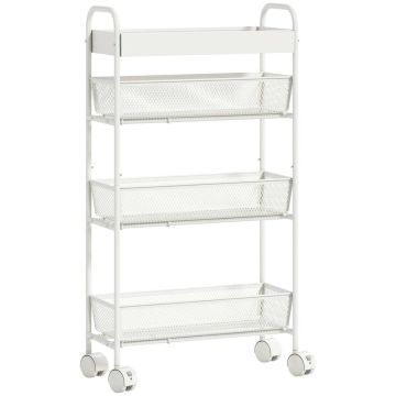 Kitchen trolley, 3 baskets, White, 43.2 × 80 × 19 cm