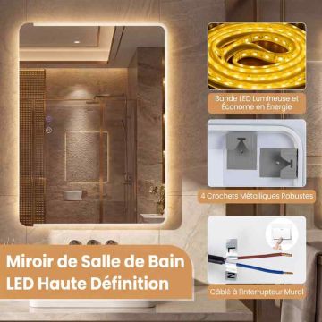 Зеркало для ванной, Прямоугольное LED, Серебристый, 70 × 50 × 3 см