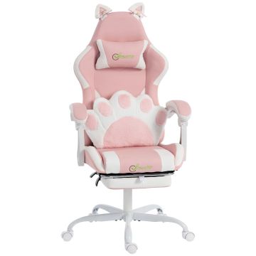 Gaming chair with kitten design, With lumbar cushion and footrest, 63.5 × 118–128 × 53 cm