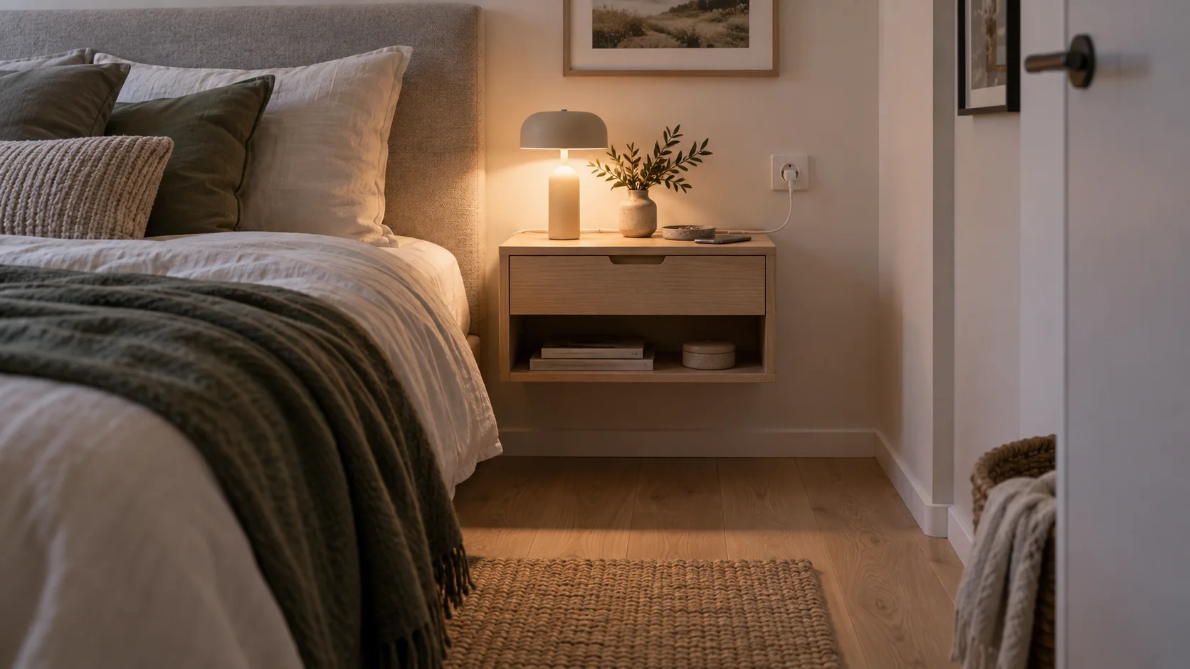 Wall-mounted bedside cabinet with a clear floor and a neatly routed charging cable