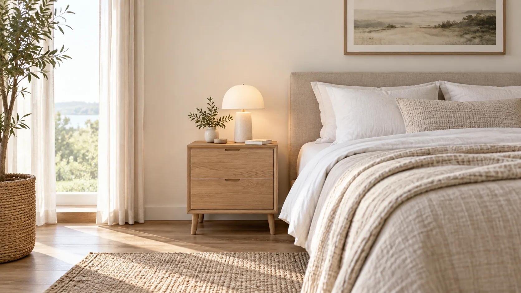 Bright bedroom with a wooden bedside table aligned close to the top of the mattress