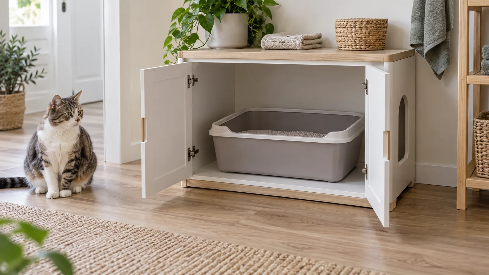 Open cat litter box cabinet with a tray inside