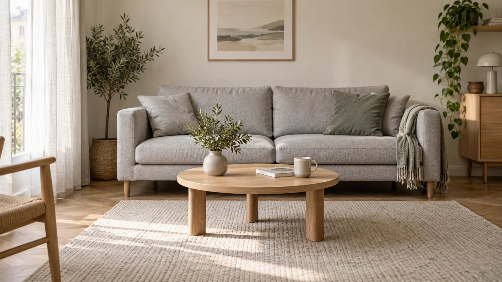 Round wooden coffee table in front of a light grey sofa