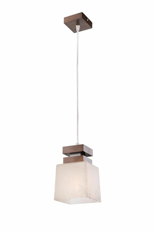 Medinis pakabinamas šviestuvas Kubus su stiklo gaubtu, tamsiai rudas