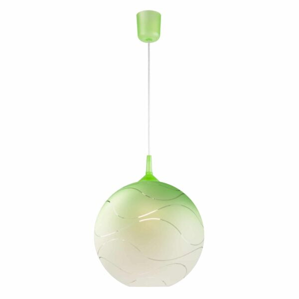 Modernus pakabinamas šviestuvas su apvaliu stiklo gaubtu, žalios spalvos