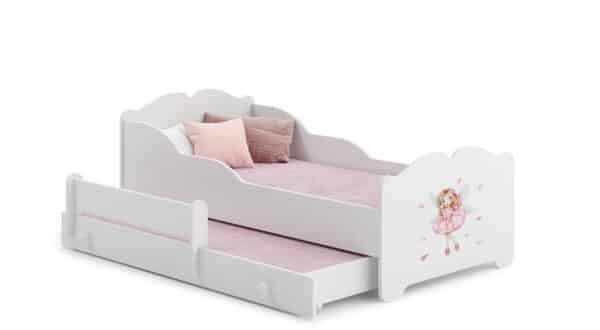 Vaikiška dvigulė lova Anna su čiužiniu ir apsauginiu barjeru 164x85x63 / 145x80x15cm, princesė su sparnais