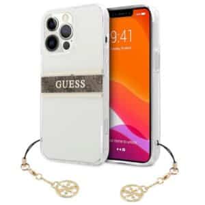 Guess 4G Stripe Brown Charm – dėklas, skirtas iPhone 13 Pro Max (skaidrus)