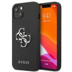 Guess Saffiano 4G didelis sidabrinis logotipas – dėklas, skirtas iPhone 13 (juodas)
